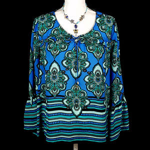 NEW Beautiful Kaari Blue Women's Top Blue And Green Bell Sleeves Size XL